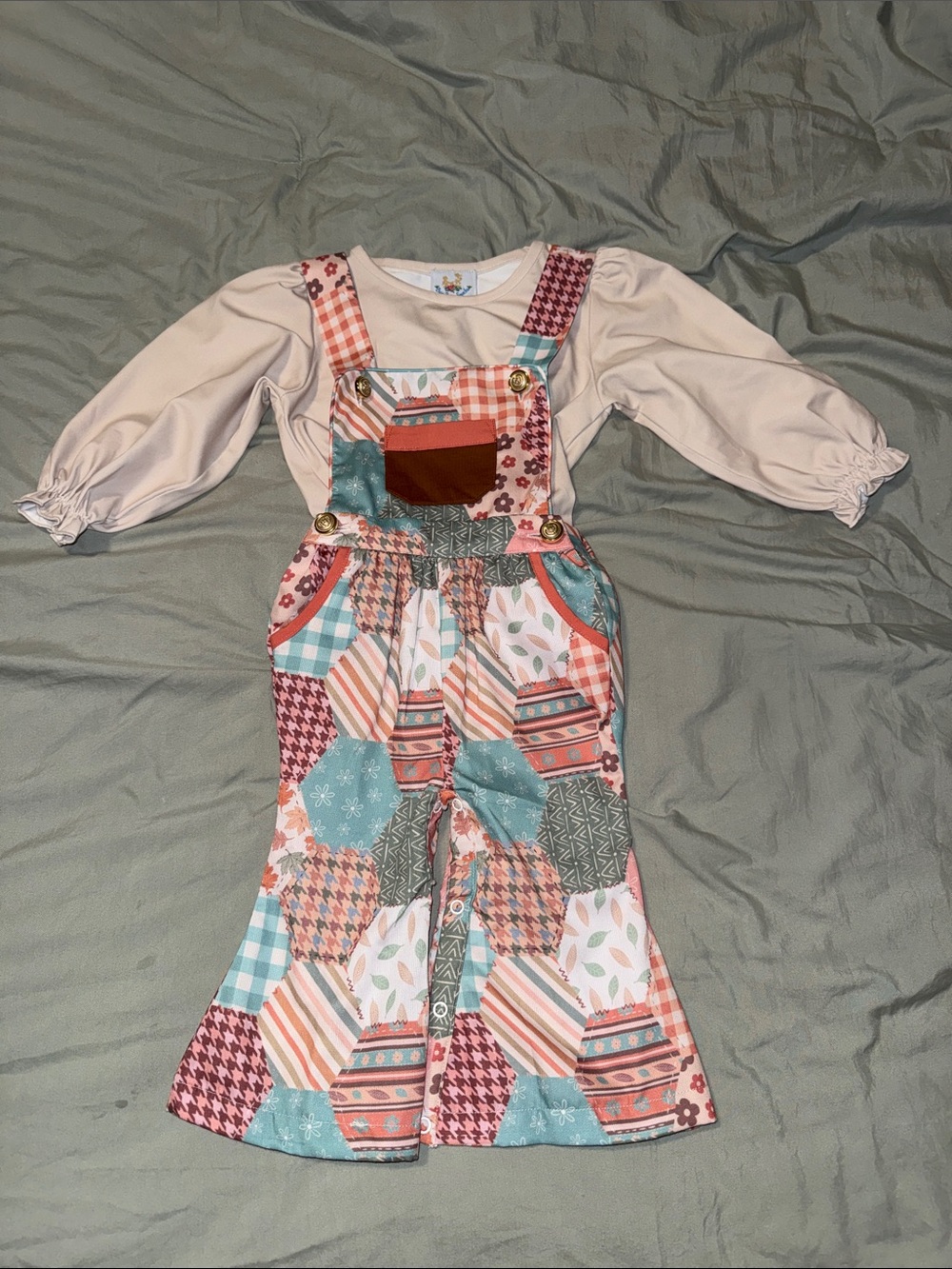 Kids Patchwork Overalls Set in Cream and Coral